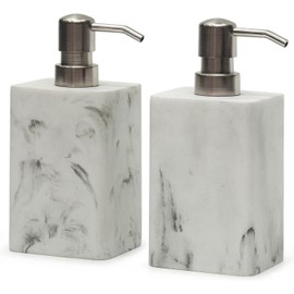 2Pcs 15Oz White Marble Style Resin Soap Dispenser Set, Refillable Hand Soap Dispenser for Bathroom Countertop & Kitchen Home Decor-White