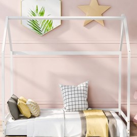 Harper & Bright Designs Montessori House Bed Twin for Kids, Toddler House Bed with Roof,Wood Floor Bed Frame for Girls Boys Bedroom Furniture, Box Spring Needed,White