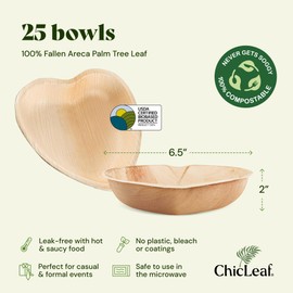 Chic Leaf Palm Leaf Bowls - Mini Disposable Heart Shaped Bamboo Plates - Paper Plates Alternative for Weddings & Parties - Biodegradable & Compostable Party Supplies (6.5'' - 25 Pack)