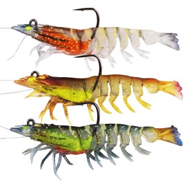 Ryvera Fishing Lures for Bass, Pack of 3 Pre-Fired Soft Shrimp Baits for Zander & Bass, Fishing Lures with VMC Hooks, Rubber Fish Jigs, Fishing Lures for Saltwater and Freshwater, Gifts for Men