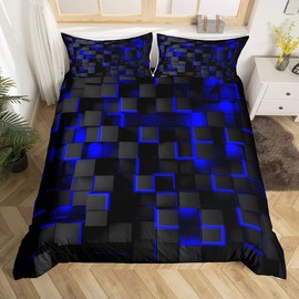 Feelyou Blue and Black Bedding Duvet Cover Set Twin Size Light Geometric Bedding Set for Kids Boys Girls Geometry Decor Comforter Cover Set Modern Style Bedspread Cover