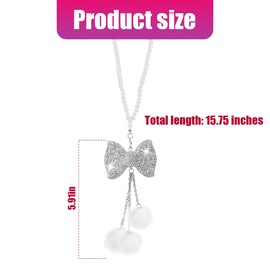 KHGUZ Bling Car Rear View Mirror Hanging Accessories, Crystal Rhinestone Bowknot Vehicle Rearview Charms, Diamond Plush Ball Automotive Interior Ornament Pendant, Universal Fit (White)