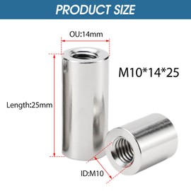 Tissting Long Rod Nuts M10 x 1.5 mm 14 mm OD 25 mm Length Round Long Nuts Threaded Sleeves Stainless Steel Internal Thread Connection Nuts Set for Replacement Maintenance Pack of 10