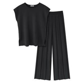 Ekouaer Lounge Sets for Women Two Piece Outfits Knit Cap Sleeve Tops Wide Leg Pleated Pants Casual Dressy Sweater Sets Black