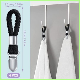 JJiaoLinin Black Towel Clips,4 Pcs Hanging Tea Towels Clip,Brackets-Braided CottonTowel Clips with Hanging Loop,for Hanging Clothes,Tea Towel/Beach Towel/Hand Towel Clip Hooks for Kitchen Bathroom