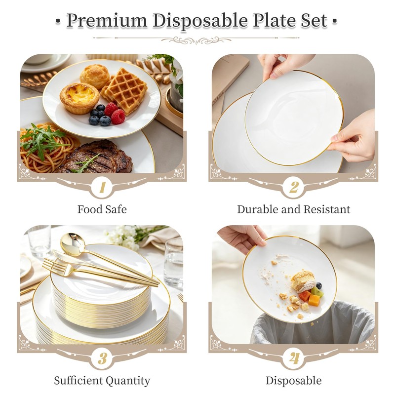 N9R 150PCS White Plastic Plates with Disposable Silverware Set, Gold