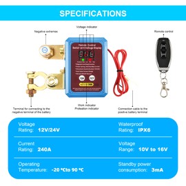 Remote Battery Disconnect Switch 12V 240A with Led Voltage Display, Kill Switch for Car Anti Theft Automatic Cut/Shut Off Switch for Car RV Truck Marine Boat
