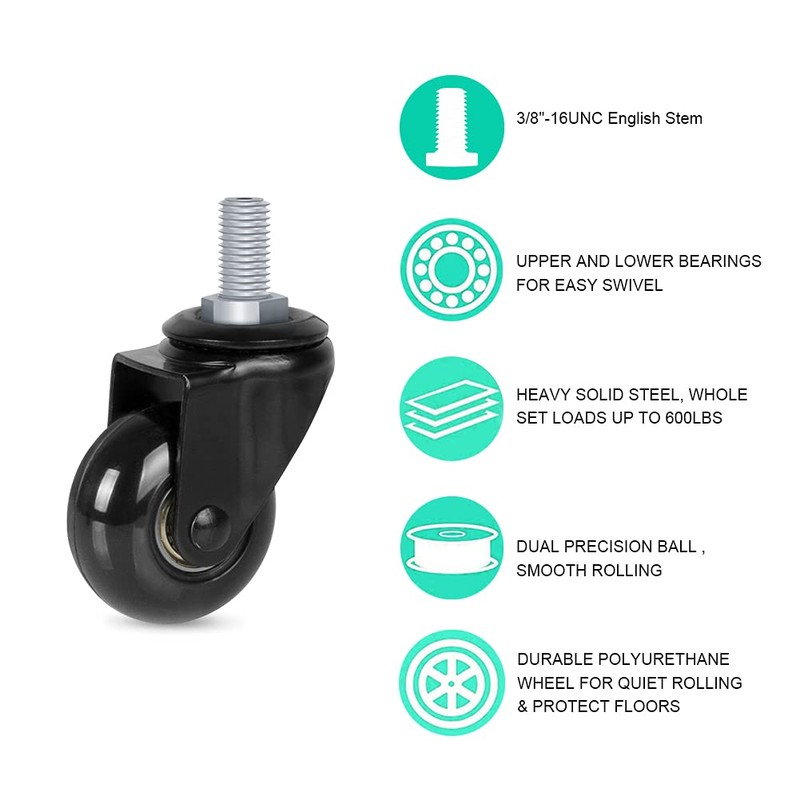 Hirate 2" Office Chair Casters Wheel with 3/8"-16UNC Threaded Stem