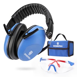 WORKPRO Noise Cancelling Headphones Kids, Kids Safety Glasses, NRR 25dB Noise Reduction Safety, Kids Ear Protection Ear Muffs Set come with Safety Glasses & Tools Bag for Shooting Range, Blue