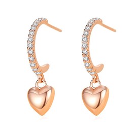 Dainty Heart Charm S925 Sterling Silver Half Hoop Earrings Cute CZ Love Hearts Small Dangle Drop Stud for Women Teen Minimalist Hypoallergenic Fashion Jewelry Gifts for Her Daughter Birthday Christmas 0.85in (Rose Gold Plated)