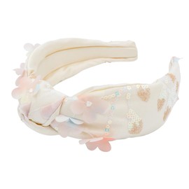 Bellefixe Knotted Headband for Women (White with Pink Florals), Wide Knotted Headband in White Satin with Pink Floral Appliques and Sequins