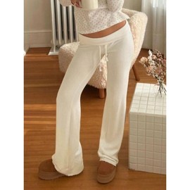 Women's Solid Drawstring Foldover Waist Straight Leg Pants, Flattering Pants for Women, Fashion Casual Chic Drop Waist Trousers for Daily Outdoor Casual Wear, Fall Outfits 2024 - Color: White, Size: S