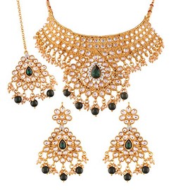 I Jewels Gold Plated Traditional Kundan Choker Necklace Set with Earrings & Maang Tikka for Women (K7074G)