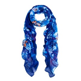 Elegant Soft Bamboo & Butterfly Print Watercolor Scarf, Blue
