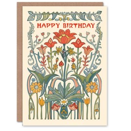 Artery8 Birthday Card Art Nouveau Wildflowers Design Floral Classic Garden For Him Her Man Woman Girl Boy Wife Husband Greeting Card