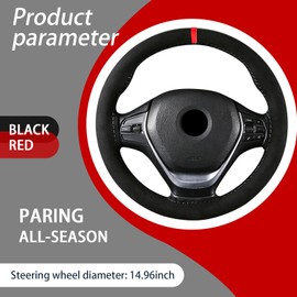 gunhunt 1 PC Car Steering Wheel Cover, 14.9" Suede Nubuck Leather Non-Slip Breathable Hand-Stitched Steering Wheel Protector, Comfortable Grip for All Seasons, Universal for Most Cars (Red & Black)