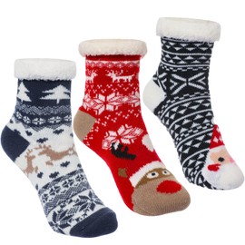 3 Pairs Christmas Slipper Socks For Kids, Caudblor Fuzzy Kid Non Slip Slipper Socks With Grippers, Thick Fluffy Children Christmas Socks For Boys Girls, Cozy Indoor Winter Socks For 3-5 6-8 9-12 Year