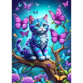 QQYRHN Cat Diamond Painting Kits for Adults Beginners, 5D Butterfly Diamond Art Kits, DIY Round Full Drill Kitten Diamond Dots Diamond Gem Art with Painting Kits for Home Wall Decor 12x16 Inch