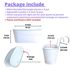 LaLaGreen Planter Boxes for Outdoor (8 Pack, 17 Inch) White Metal Deck Railing Hanging Flower Pots, Large Window Box Plant Holder Hooks Fence Rail Bucket Modern Countryside Boho Style Wall Mount Porch