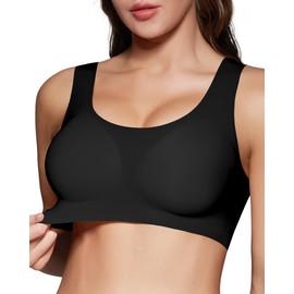 Falorda Pullover Wireless Bras for Women, Seamless Full Coverage Comfortable U Neck No Underwire T-Shirt Bra (Black,Medium)