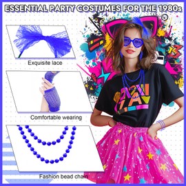80s Fancy Dress Accessories Set, 1980s Retro Costume Kit with Bow Headband Leg Warmers Fishnet Gloves Earrings Necklace for Women Girls 80s Theme Party Hen Do Party Supplies (Dark Blue)
