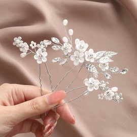 Unicra Flower Wedding Bride Hair Pins Silver Crystal Hair Accessories Pearl Clips Headpiece for Women and Bridesmaid(Pack of 3)