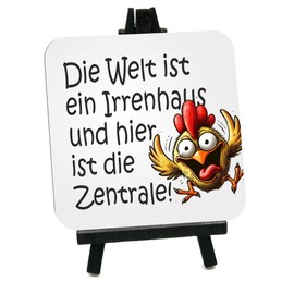 Homeyourself Dekoschild Holzschild 10,5 x 10,5 cm mit Staffelei 15 cm zum hinstellen, Lustiger Vogel-Motiv Spruch 'Die Welt ist ein Irrenhaus und hier ist die Zentrale' Geschenk
