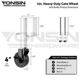 YONSIN 4" Heavy Duty Spring Loaded Gate Caster Wheel with Side Brake, Drag Gate Wheels with 360° Swivel for Wooden Gate Fence, Metal Tube Gate, Anti Sag Gate Kit, 200 Lbs Capacity, 1 Pac, White