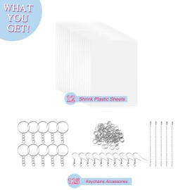 Warckon 137 Pieces Shrink Plastic Sheet Kit Include 12 PCS Shrinky Art Paper with 125 PCS Keychains Accessories for Kids Creative Craft