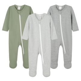 Hajakadas-Y Baby Boys' Girls' Cotton Sleep and Play Pjs, Snug Fit Footed 2-Way Zip Closure Coveralls,Pajamas Withe Feet Pack of 3 (Sage/D.Grey/L.Grey, 6-9 Months)