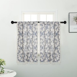 Moslovstar 2 Panels Linen Tassels Curtains Farmhouse Blue Floral Vintage Semi Sheer Window Curtain for Kitchen Bathroom, 26x36in Tiers Curtain