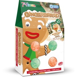 7th Heaven Gingerbread Face Mask & Bath Fizzer Gift Set - 2 x Gingerbread Printed Sheet Skincare Masks, 4 x Bath Fizzers