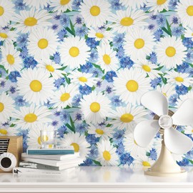 EPPKILY White/Blue Floral Wallpaper Daisy Wallpaper Vintage Floral Wallpaper Self Adhesive Wallpaper for Bedroom Shelf Liner Cabinet Vinyl Wrap Flower Wallpaper Decorative Contact Paper 17.5"x102"