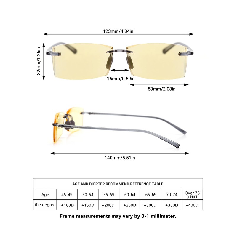 TERAISE Rimless Anti Blue Light Reading Glasses Comfortable Lightweight Frameless