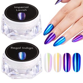 Makartt Mermaid Nail Powder, 2 Colors Aurora Chrome Nail Powder Mirror Effect Iridescent Pearl Mica Powders Chameleon Nail Chrome Powder Manicure Pigment for Nail Art Decoration Kit(0.5g/Jar-R&I)