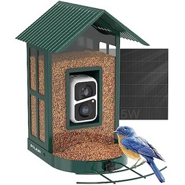 SOLIOM BF08- Metal Solar Bird Feeder Camera with AI Identify Species, Wild Bird Watching Cam, Live View, Instant Notifications with 5W Solar Panel(Green)