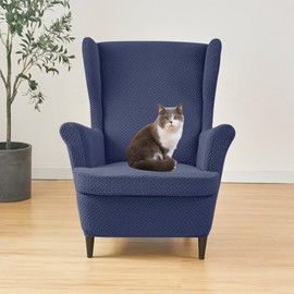HFCNMY Wingback Chair Slipcover, 2 Piece Stretch Jacquard Wingback Chair Covers Thick Wing Back Chair Covers with Arms Wing Chair Slipcover Wing Back Chair Cover with Elastic Bottom Blue