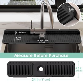 24 Inch Silicone Faucet Mat for Kitchen Sink Splash Guard Behind Faucet,6°Slope Sink Water Splash Guard Draining Mat for Kitchen Sink Area Faucet Mat for Bathroom Sink with Fasten Button-Black