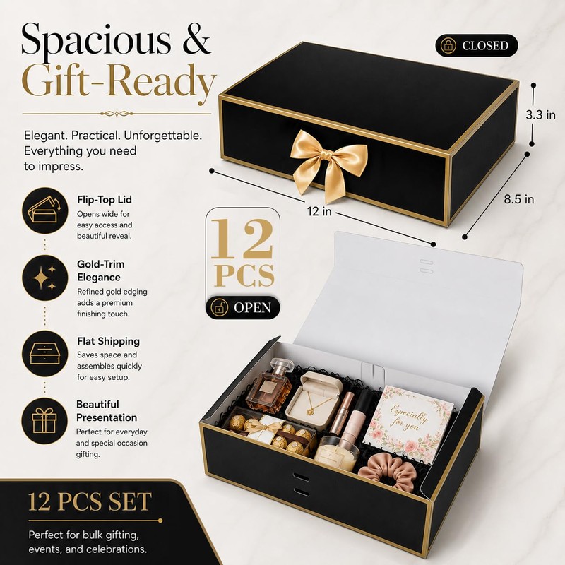 Joyvera 12 Pack Black Gift Boxes with Lids, 12 x