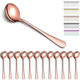 Kyraton Rose Gold Soup Spoons 12 Pieces, Stainless Steel Round Stainless Steel Bouillon Spoons, Table Spoons, Dinner Spoons, Dishwasher Safe