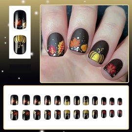 24Pcs Fall Press on Nails Square - Glossy Fake Nails Maple Leaf & Pumpkin Designs, Artificial Stick on Nails, Reusable, Full Cover Suitable for Women Girls DIY Nail