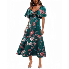 Fashionme 2025 Maxi Womens Dresses Deep V Neck Elegant Bow Tie Front Short Sleeve Summer Casual Floral Satin Smocked Sun Dress Wedding Guest Graduation Vacation Beach Tea Party Dark Green