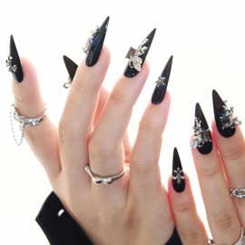 Chic Chit Press On Nails: Eclipse Night, Hand Made Almond, silver moon butterfly crossing black crystal, S size