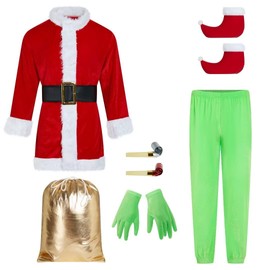 QiaoPkeb 9PCS Adult Cosplay Costume,Green Monster Costume,Christmas Costume Set for Men,Santa Claus Outfit (XXL)