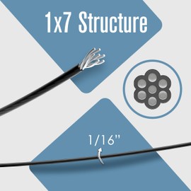 Houseables Wire Rope, Trellis Wire, Plastic Coated Cable, Vinyl Coated Cable, 1/16, 200 FT, Stainless Steel, Braided, Black, Clothesline, String Light, Picture Hanging, Clothes Line, Climbing Plants