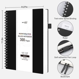 RETTACY Spiral Notebook, A4 College Ruled Notebook with 300 Perforated Pages, 8.2" × 11.2", Large Notebook Journal for School, Work, Writing, 100 GSM Thick Paper, Flexible Plastic Cover (Black)