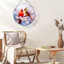 RIVEENY Cardinal Sun Catcher Stained Glass, Cardinal Gifts for Women, Stained Glass Window Hanging for Birds Lover, Red Birds Suncatchers for Windows