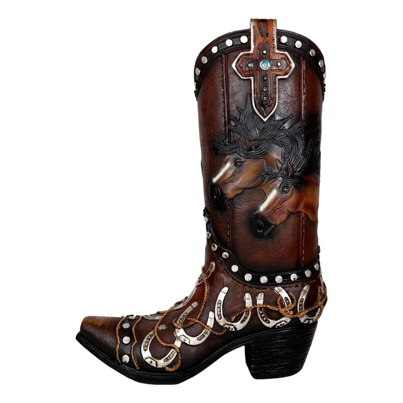 Rustic Western Running Horses Horseshoes And Cross Cowboy Boot Vase