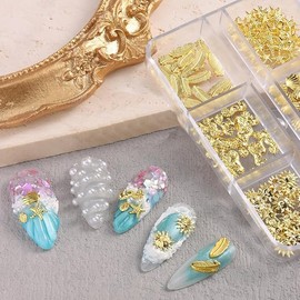 FINGCRO 2Boxes Summer Steel Studs Metal Pearls Nail Gems Charms for Acrylic Nail Art Metal Small Seashell Starfish Alloy Seahorse Nail Rhinestones Marine Theme Nail Supplies for Women Manicure 5