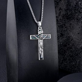 PROESS Crucifix Cross Necklace for Men Women Sterling Silver Cross Jesus Pendant Abalone Shell Necklace Religious Jewelry for Thanksgiving Christmas